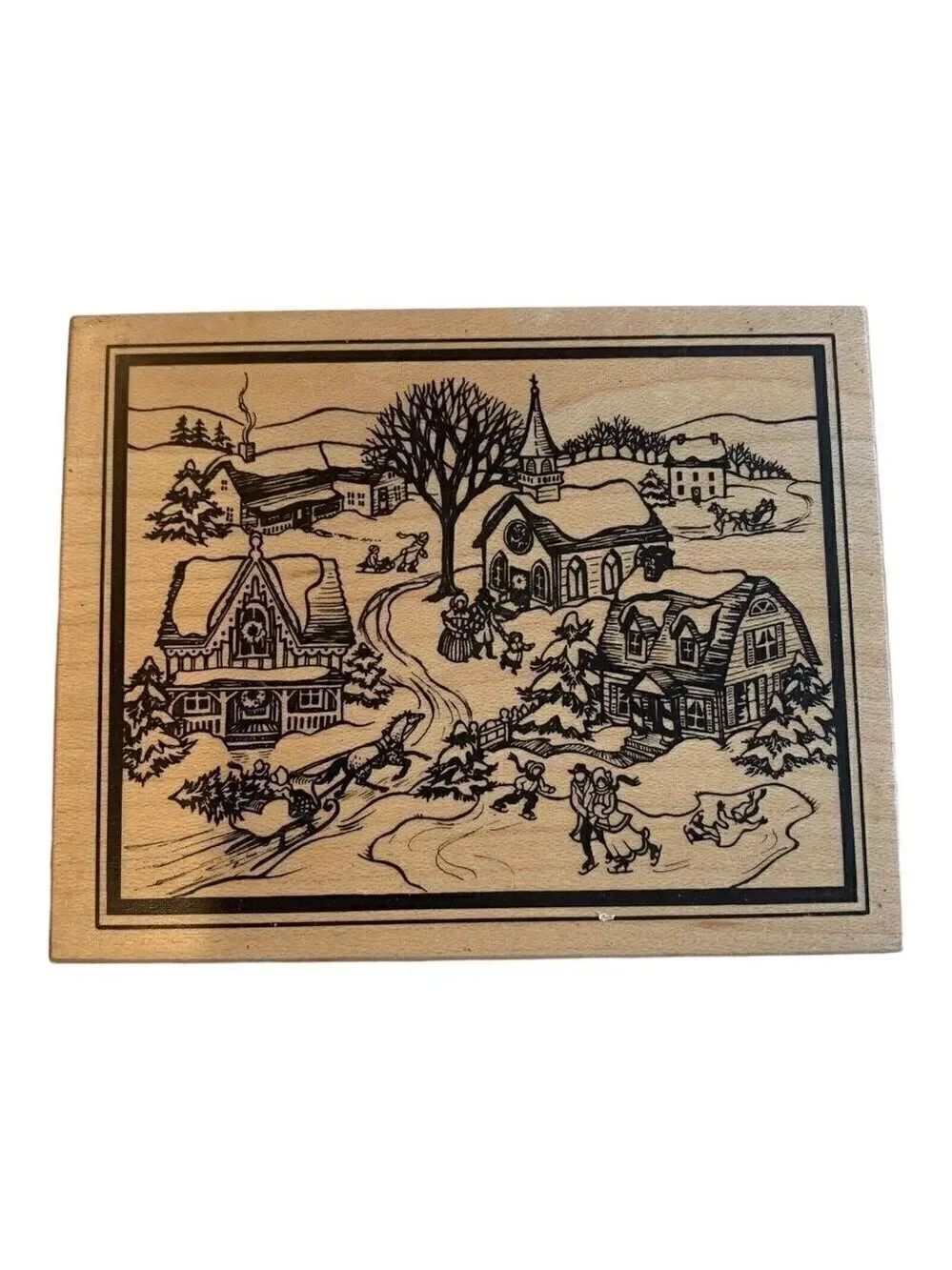 PSX Designs Wood Mounted Stamp Victorian Village Ice Skating K-2063 Snow Holiday